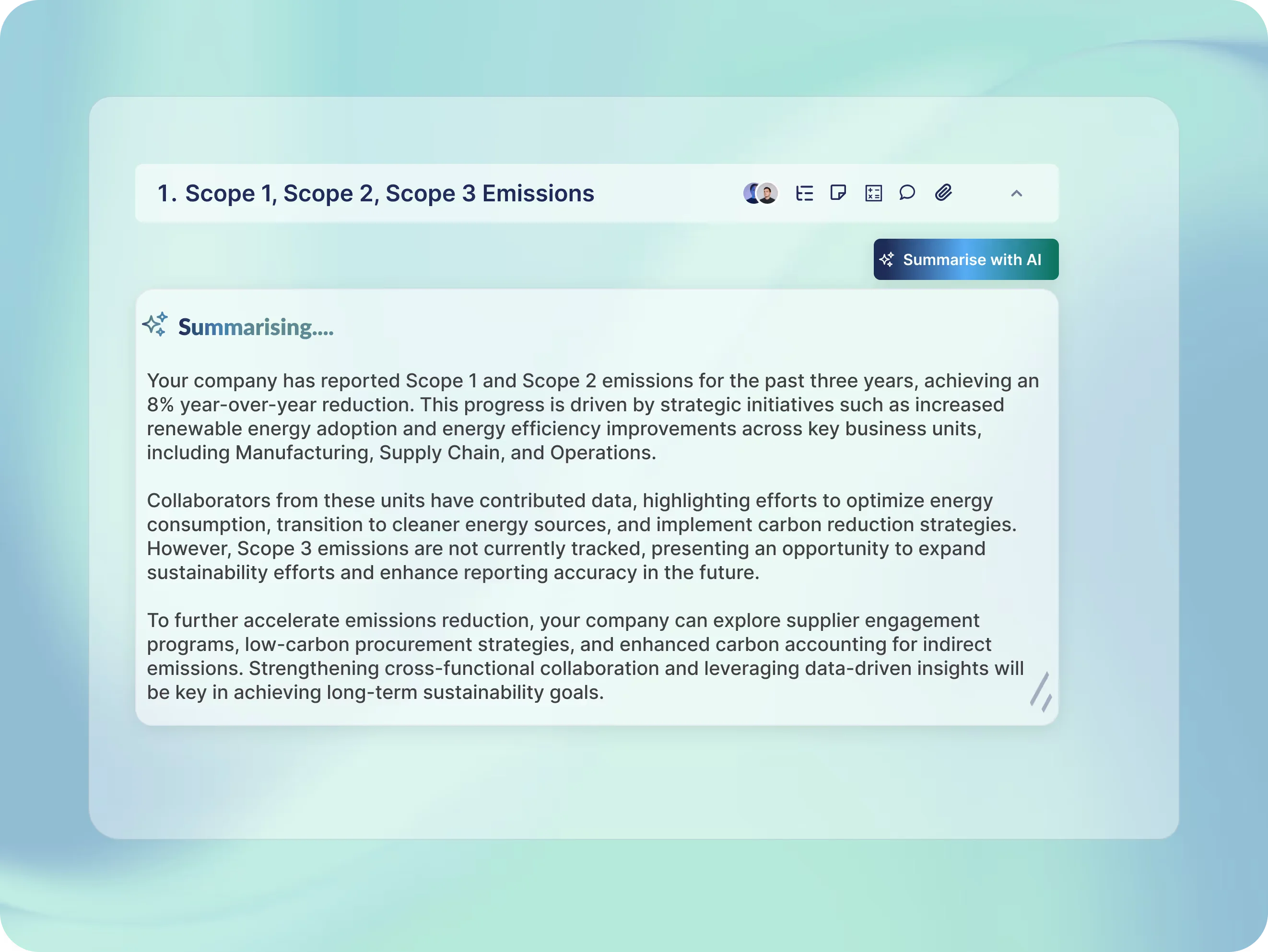 AI summarisation feature showing instant data summaries across sustainability questions